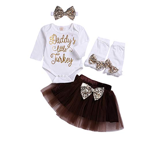 Jimmackey 4pcs Neonata Pagliaccetto, Bebè Zucca Stampa Tutine Body Cime + Tulle Tutu Gonna Fascia Vestito Set (Bianco, 0-6 Mesi)