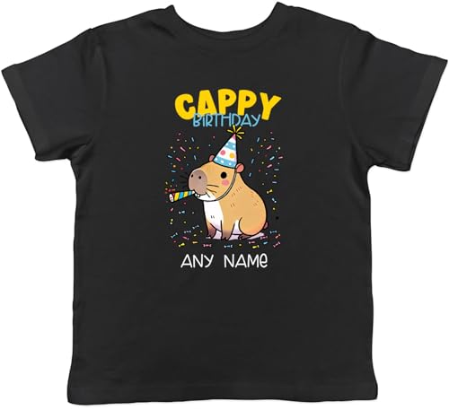 Image of Shopagift Personalised Happy Cappy Birthday Capybara Kids T-Shirt Childrens Tee Boys Girls Black
