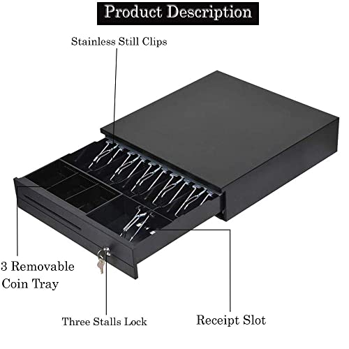 Image of Sagrach Cash Register Drawer for Point of Sale (POS) System with 5 Bill 5 Removable Coin Cash Tray | Metal Cash Box With RJ11 Interface Key Lock for Stores, Shops, and Businesses(Black)