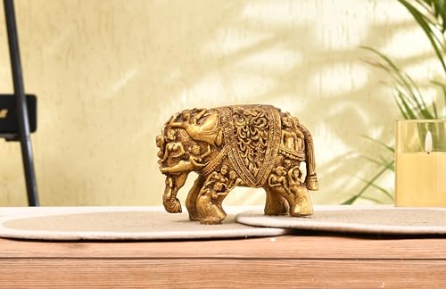 Image of Xtore Ornate Golden Elephant Figurine | Intricately Carved Traditional Sculpture | Luxury Home Accent | Cultural Decorative Statue - (Pack of 1, Gold)