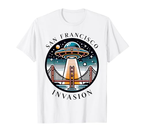 Invasione UFO San Francisco Golden Gate Bridge Fog City SF Maglietta