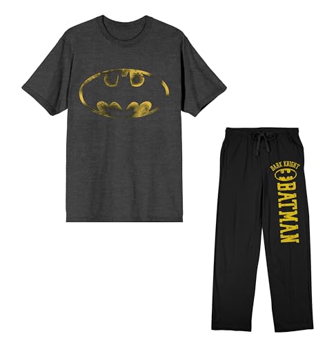 Batman Bat Signal and Dark Knight Logo 2-Pack Men's Black Tee Sleep Pajama Pants Set-Large
