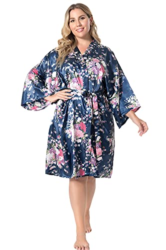 Eplaza Women Floral Satin Robe Bridal Dressing Gown Wedding Bride Bridesmaid Kimono Sleepwear (Navy, Small-Medium) #TOP3