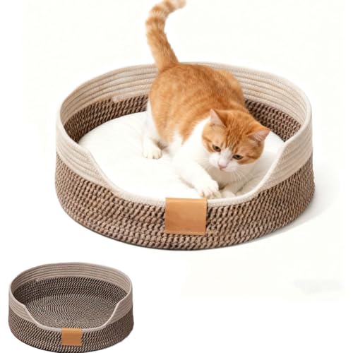 Letto per Gatti in Corda di Cotone, Cuccia per Gatti con Cuscino, Lettino per Gattis, 40 cm, Lavabile, per Dormire Tutti i Gattis, con Cuscino, Universale per Tutte le Stagioni (Nero e Marrone Caffè)