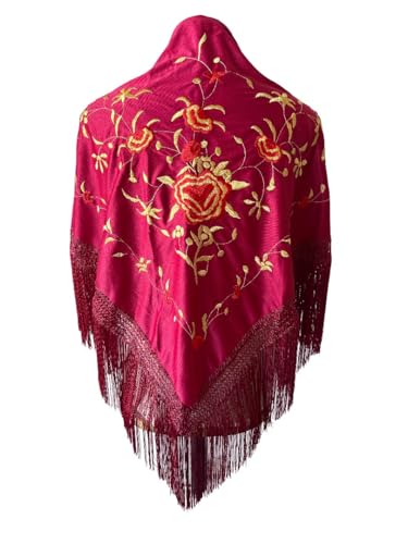 Genérico FLAMENKA ROCIERA Mantón de Flamenca, Mantoncillo Bordado Floral, 150x80cm con Flecos de 24cm, Poliéster
