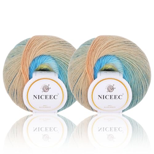 Image of NICEEC 2 Skeins 100% Rainbow Wool Yarn Soft Gradient, Self-Striping, Colorful Single Ply Yarn for Crochet & Knitting (Total 196ydsx2 /1.76ozx2) - 31#