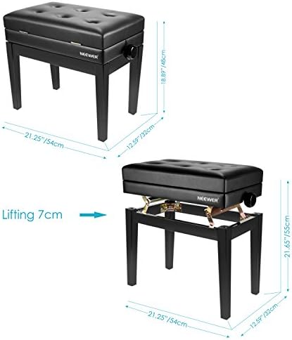 Neewer NW-007 Adjustable Deluxe Padded Piano Bench - Leather Backless Stool with Storage Compartment, Solid Hard Wood Construction with Load Capacity up to 250 pounds/110 kilograms (Black)