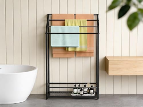 NEICELLE 4-Tier Extra Wide Freestanding Towel Rack, Heavy-Duty Metal Towel Drying Stand for Bathroom, Poolside & Spa (Matte Black, 27.6" Wide) by NEICELLE - Used condition - Image 2