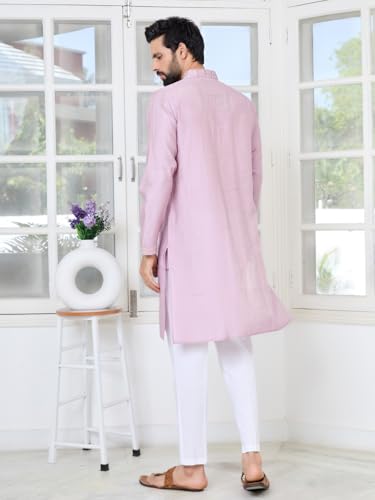 Image of See Designs Men's Full Sleeve Mandarin Collar Sequins Embroidered Chanderi Straight Long Kurta with Yoke Design - Festive Collection