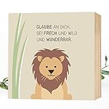  Wunderpixel® Holzbild Mut-mach-Löwe - 15x15x2cm zum Hinstellen/Aufhängen, echter Fotodruck mit Spruch auf Holz - Wand-Bild Aufsteller im Kinderzimmer zur Dekoration oder als Geschenk-Idee