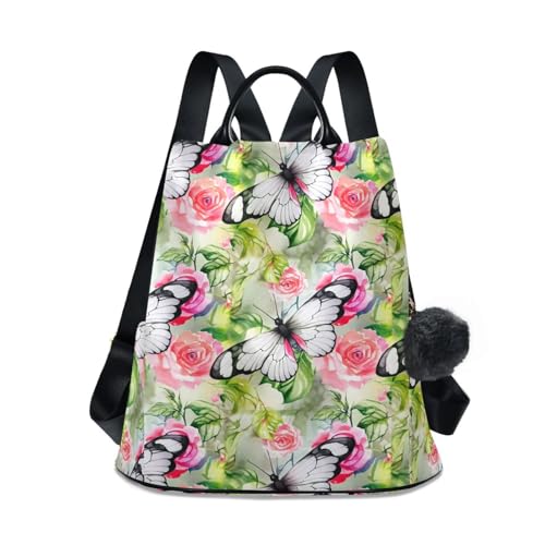 Sac à dos femme floral rose et vert avec motif papillon élégant en cuir