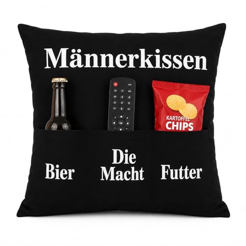 KAMACA Männerkissen mit 3 Taschen (43×43 cm) Sofakissen für Bier Fernbedienung & Snacks Ostern Geschenkidee für Männer Gamer & Väter (Männerkissen A)