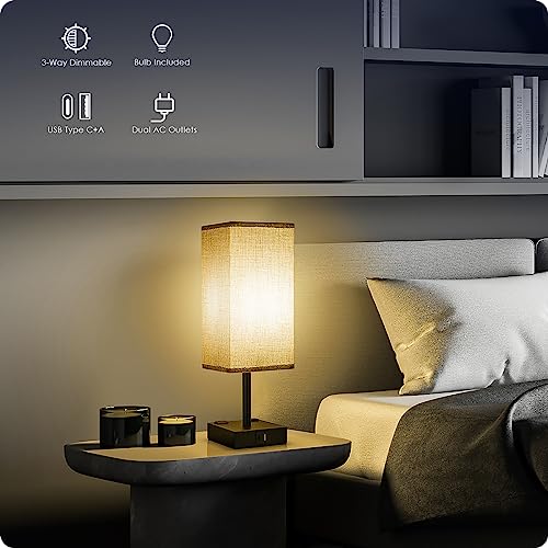 Soilsiu Bedside Table Lamp for Bedroom - Touch Small Lamp with USB C+A Charging Ports & AC Outlets, 3 Way Dimmable Nightstand Light for Living Room (LED Bulb Included, Grey) by Soilsiu - Image 2