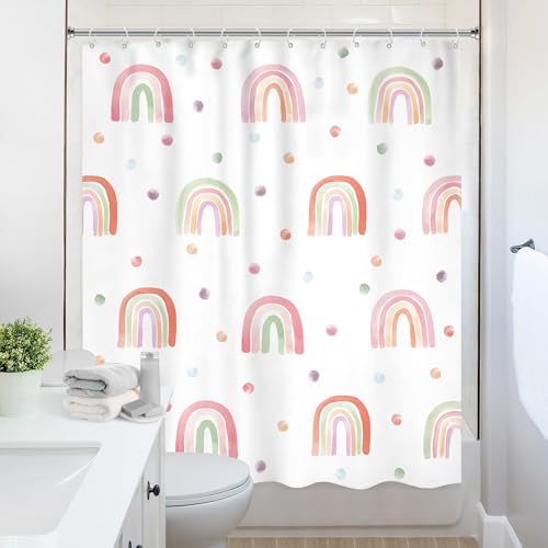 Image of Kids Rainbow Shower Curtain for Girls Cute Girly Polka Dot Shower Curtain | Toddler Nursery Child Bathroom Set Modern Minimalist Aesthetic Curtain Bathtub Accessories Decor 60Wx72L
