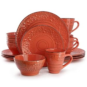 Elama Malibu Jasper 16-Piece Stoneware Embossed Pattern Reactive Glaze Orange Dinnerware Set, Tableware, Serveware Set (Jasper Orange)