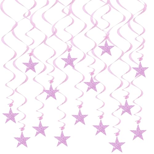 Image of BEISHID Pink Glitter Stars Hanging Swirls Pre-Strung Stars Hanging Decorations for Baby Shower Wedding Girl Women Birthday Party Decorations Supplies,Pack of 15