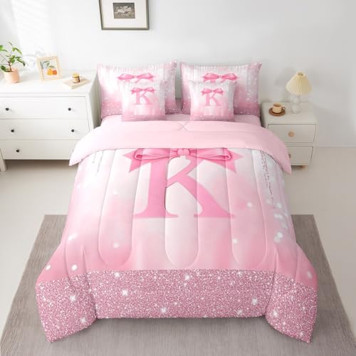 Image of Feelyou Kids Pink Bowknot 7 Pieces Bedding Set King Size, Personalized Initial K Bed in A Bag Princess Glitter Comforter Set with Sheets Boys Girls Bow Alphabet Teens Bed Set Bedroom Decor 7Pcs