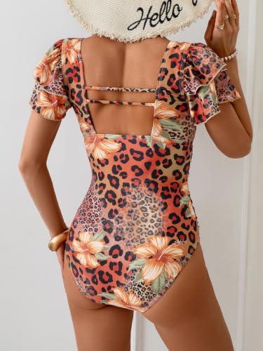 Image of Eomenie Women's Tummy Control One Piece Swimsuit Ruffle Square Neck Bathing Suit Ruched Cutout Back Slimming Swimwear