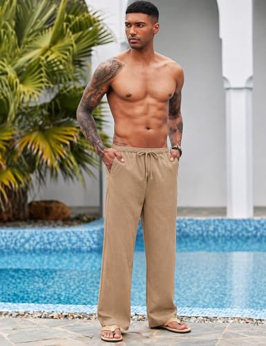 Image of CB-COLEBROOK Mens Casual Linen | Elastic Waist | Drawstring Summer Beach Yoga Linen Trouser | Loose Fit Pyjama Pants for Man