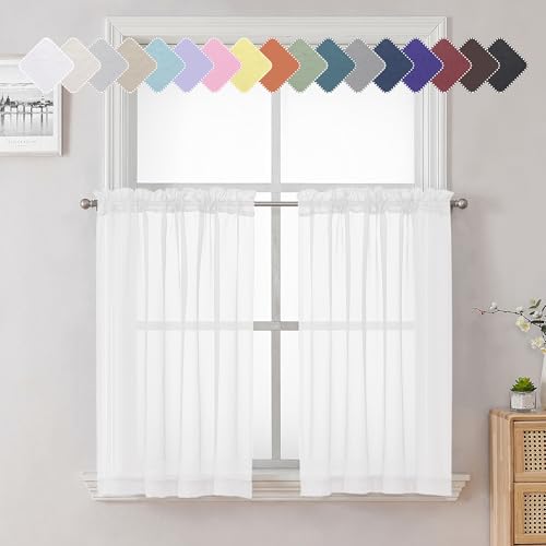 Lecloud White Sheer Curtains 36 Inch Length 2 Panels Set, Airy Breathable Voile Short Tiers, Elegant Gauzy Half Cafe Kitchen Curtains with Dual Rod Pocket, Each Panel 42 X 36 Inch
