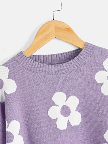 SHENHE Girl's Casual Flower Print Crewneck Long Sleeve Pullover Sweater Jumper Tops3