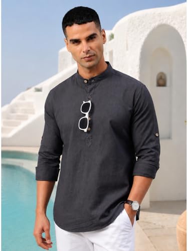 Image of Majestic Man Men's Pure Cotton Solid Mandarin Collar Slim Fit Roll-Up Sleeves Short Kurta Lightweight Summer Kurta for Daily & Occasion Use