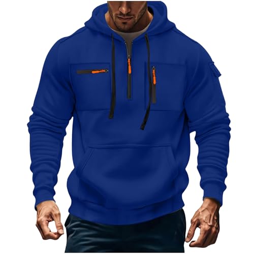 Mens Hoodies Pullover Casual 1/4 Zipper Drawstring Hooded Sweatshirt Plus Size Loose Fit Solid Hoodie with Pockets