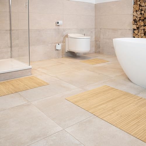 DE-COmmerce Bambus Badematte Lines im 3-er Set, Badteppich, Holzteppich,...
