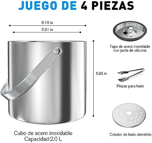 Ice Bucket with Silicone Lid and Tongs &Strainer -2L Small Double Wall Insulated Stainless Steel Ice Buckets -Wine Bucket for Parties and Cocktail Bar