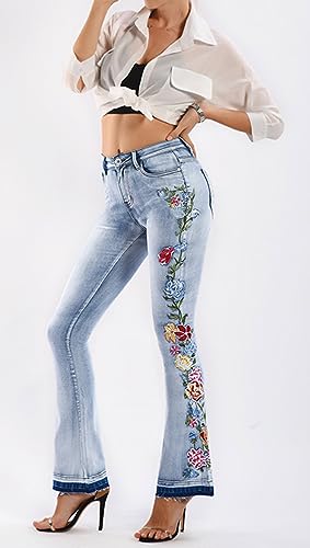 CHARTOU Womens Chic Floral Embroidered High-Rise Bell Bottom Flare Jeans Broad Feet Long Denim Pants3