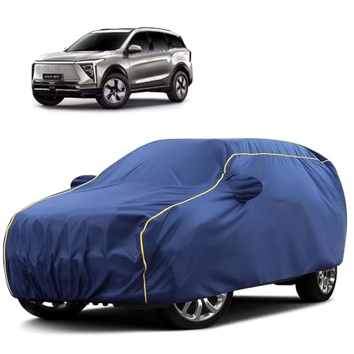 Image of Sulfar 100% Water Resistant Car Body Cover Compatible with Mirror for Mahindra XEV 9S (Triple Stitched, Full Bottom Elastic, Blue Tafetta with Yellow Piping)