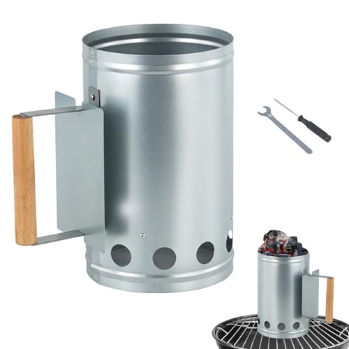 Anzündkamin, Grill Starter, 27,9 x 17cm Robuster Grillanzünder mit Holzgriff, Grillanzünder aus Metall, Grillkohle Grillanzünder mit Installationswerkzeugen für Holzkohle Grillbriketts Grillkohle