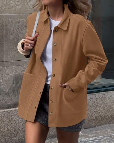 BTFBM Faux Suede Jacket Women Fall Fashion 2026 Leather Jackets Long Sleeve Button Down Winter Coats Shackets Outerwear(Khaki, Large) — view 2