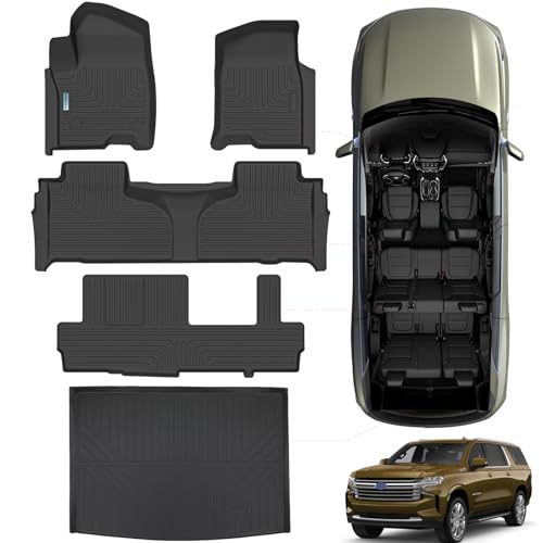 SANBAN-AXE Tapetes de piso y tapete para maletero para Chevrolet Suburban de 8 asientos con asientos de banco de segunda fila (no apto para 7 asientos) 2021 2022 2023 2024/GMC Yukon XL, revestimientos