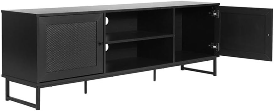 Pemberly Row 65" TV Stand, Black Finish, Rattan Accented Soft Close Storage Doors, Holds TVs up to 70 Inches, Engineered Wood Construction, Mid-Century Modern Media Console, Living Room or Bedroom Use