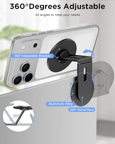 Image of RIGGEAR Magnetic Phone Mount for Laptop /Monitor /Floating Car Screen, Mobile Holder Compatible with Magsafe for MacBook, Foldable Adjustable Mount, Works with All Phones Using Included Ring(Black)