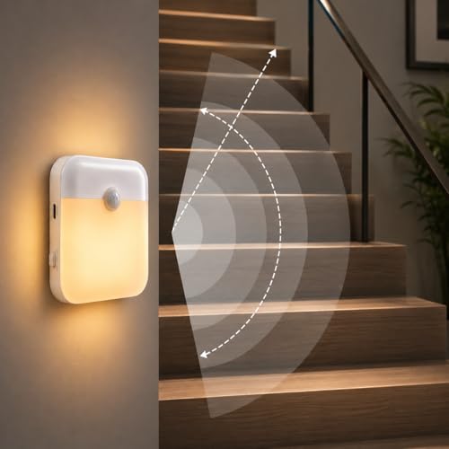 Image of One94Store Rechargeable Motion Sensor Light (Pack of 2), Warm White LED Night Lamp with Auto On /Off, 600mAh Battery, USB Charging Light for Bedroom, Wardrobe, Stairs & Cabinet