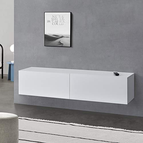 Miniatura 2 de En.Casa Armario De Pared Evaton Mueble De Tv Mural Armario Flotante Con 2 Compartimentos Consola De Entretenimiento Multimedia 140 X 33 X 30 Cm - Blanco Mate