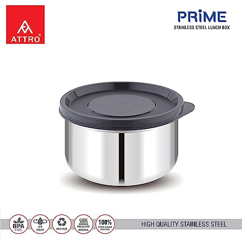 Image of ATTRO Prime Stainless Steel Single Wall Storage Containers Airtight & Leak Proof Containers for Office Use, School, Picnic, 550ml -Black-Set Of 4