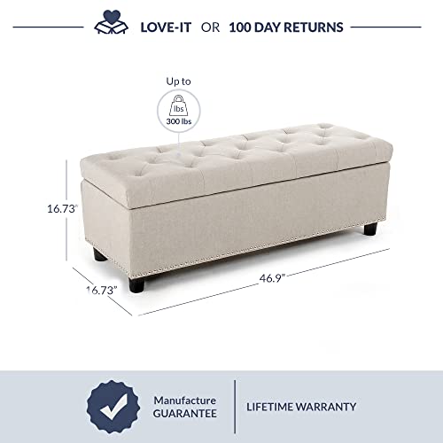 Belleze 47 Inch Storage Ottoman, Button-Tufted Ottoman Linen Storage Bench With Safety Close Hinge, Ottoman With Storage For Living Room, Entryway, Hallway, Foot Rest, Support 300Lbs - Beige #TOP2