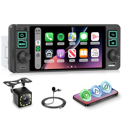 Hodozzy Single Din Car Stereo Radio with Wireless Carplay Android Auto, 5.1 inch HD In-Cell Touchscreen Single Din Radio Radio with Bluetooth 5.0 EQ Mirrorlink FM SWC Backup Camera+USB/Type-C Ports