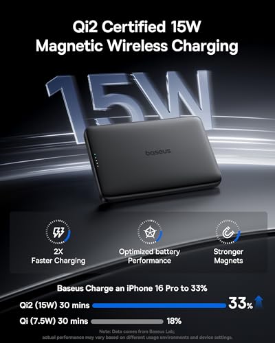 Image of Baseus Picogo Magsafe Portable Charger, Qi2 15W 0.5 inch Ultra Slim 10000mAh Wireless Power Bank, 27W Fast Charging Magnetic Battery Pack with USB-C for iPhone 17 Pro Max /17 Pro /Air /16 /15 /14 /13 /12