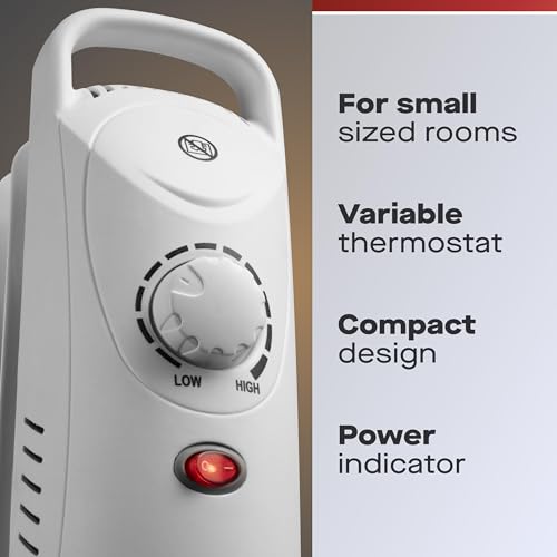 Daewoo Oil Filled Radiators, 650W, Mini, Ideal For Small Rooms, Adjustable Thermostat, Carry Handle, Power Indicator, 5 Fins, Portable And Compact, White