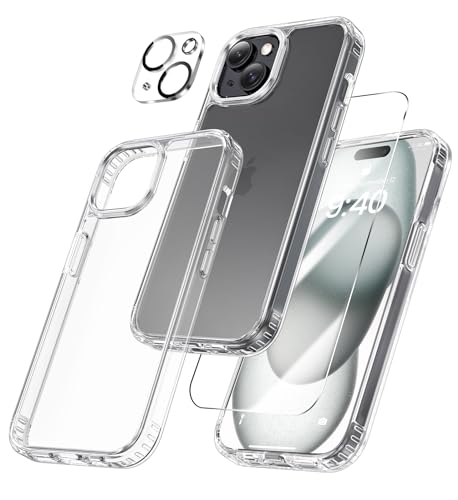 Maxdara [3 in 1 for iPhone 15 Clear Case, iPhone 15 Case with Tempered Glass Screen Protector and Camera Lens Protector Drop Protection Slim Phone Case for iPhone 15 6.1 Inch (Transparent+Clear)