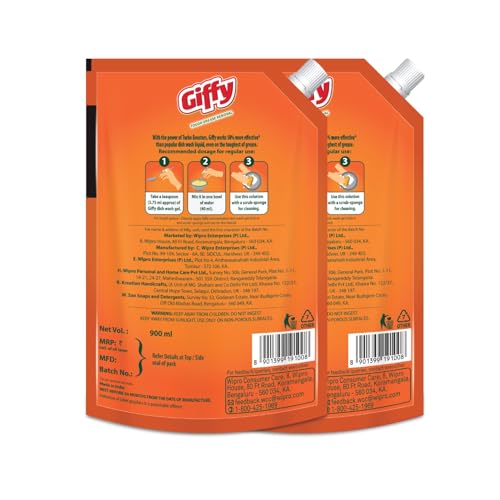 Image of Giffy Liquid Dishwash Gel 900ml (Pack of 2) | Enzymes | 50% More Effective | Tough Grease Removal Expert | Turbo Boosters | Mild fragrance | Removes Tough Malodour | Hand-Safe