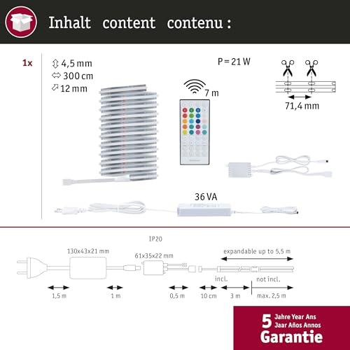 Paulmann 71198 MaxLED 500 LED Strip RGBW 3m 18W 530lm, m 896 LEDs, m RGBW 36VA