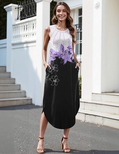 Image of Zeagoo Women Floral Summer Casual Beach Printed Tank Dress with Pockets Pleated Front Long Dress