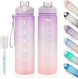 1 Litre Motivational Fitness Sport Water Bottles with Straw & Time Maker, Leakproof BPA-free WITH Carry Strap Plastic Drink Bottle 1L Design for Girls, Boy Running,cycling (Purple-Pink Gradient)