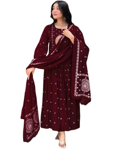 Kurta Anarkali femme bordeaux en viscose avec ensemble pantalon dupatta L