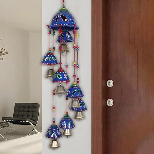 Image of Kuber Industries Rajasthani Design Handcrafted Hanging Windchimes|Latkan with 8 Bells for Home Decor & Positive Energy,Pack of 2 (Blue), Plastic